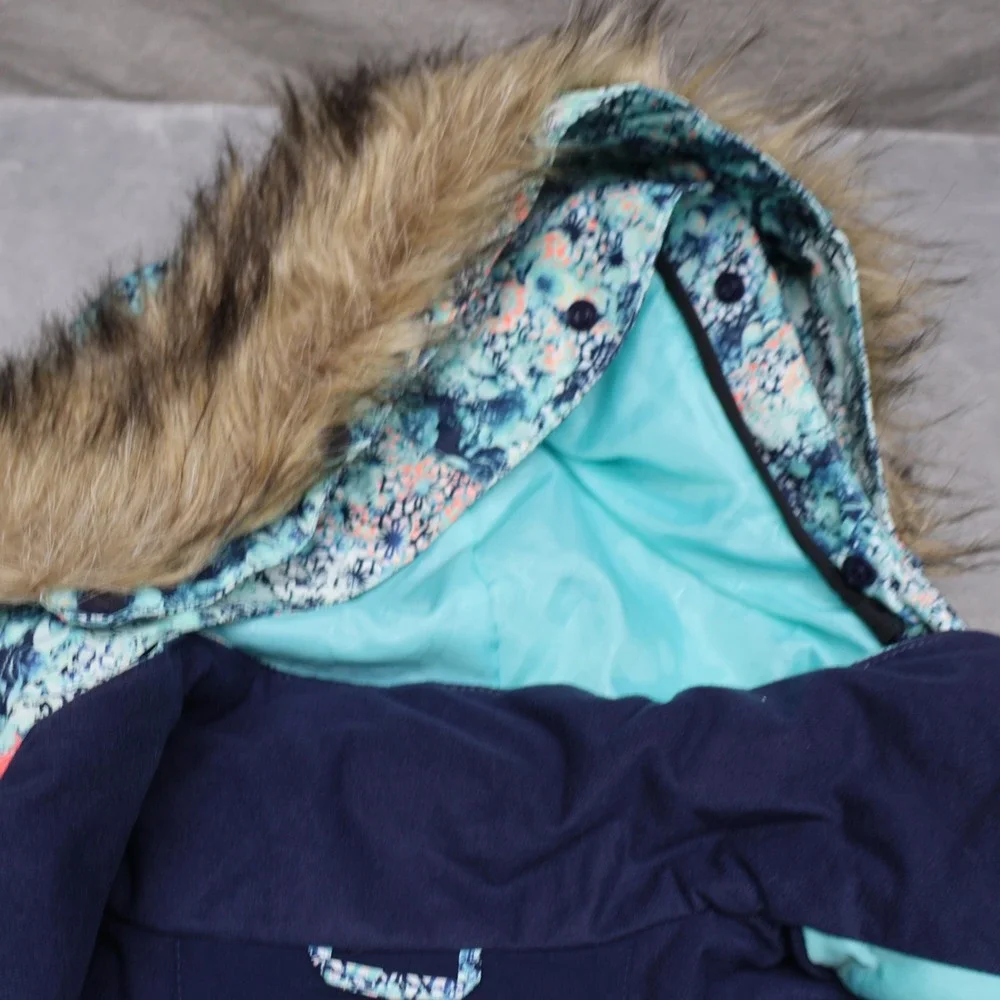 Roxy Jacket Womens XL Blue Floral Faux Fur Hood DryFlight Waterproof Full Zip